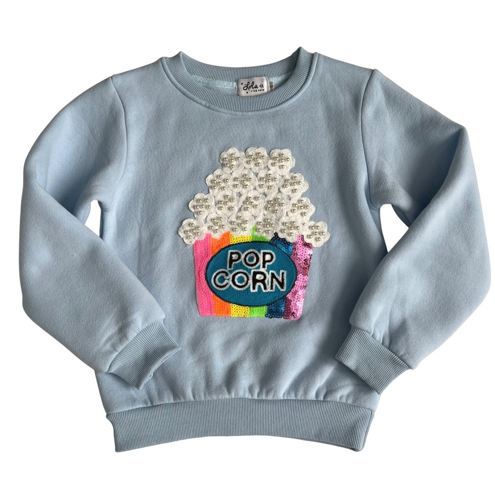 Lola + The Boys Kids Size 8 Sweatshirt Light Blue Popcorn Sequin Pearl Graphic